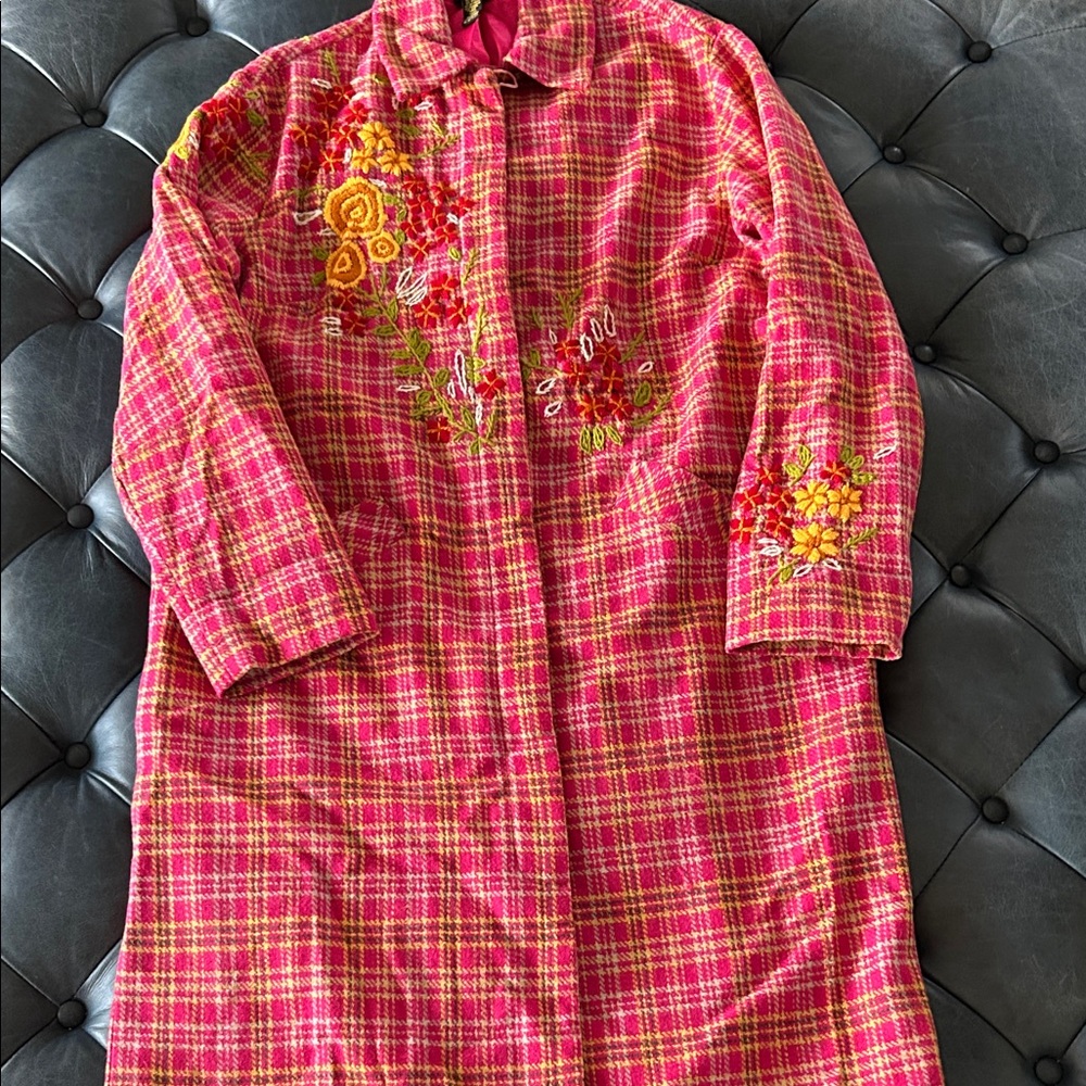 Anthropology Tracy Reese Coat Size L Pink Plaid embroidered & pink lined
